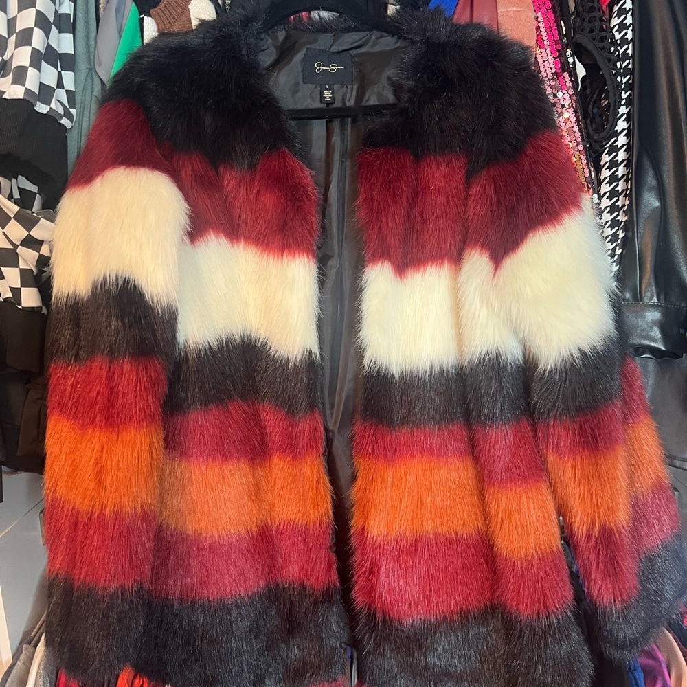 Jessica Simpson Multicolor Striped Faux Fur Jacket